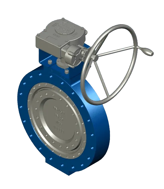 3D view of the Flowrates BVT01 triple offset butterfly valve, steel body, metal-to-metal sealing, DN 80 to 2000