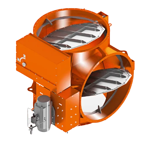 High-temperature three-way butterfly damper for industrial gas and heat recovery systems