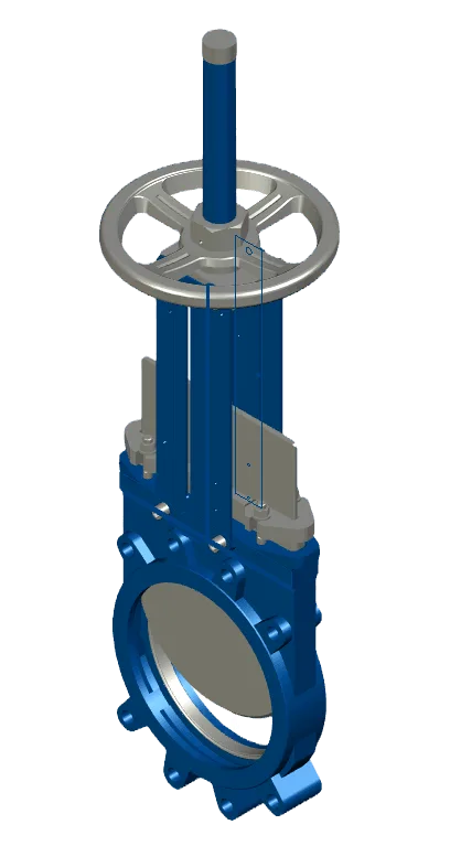 Vue 3D de la vanne guillotine unidirectionnelle KG01 Flowrates pour construction wafer, pelle inox, DN 32 à 1400 pour fluides chargés