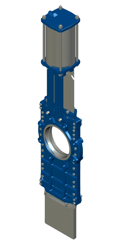 Industrial knife gate valve with through blade for handling abrasive and corrosive fluids